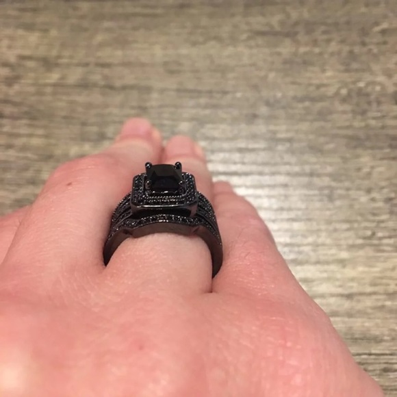 Black Emerald Cut Halo Puzzle Wedding Ring Set - Picture 5 of 7